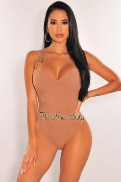Vendor-unknown Just In Mocha Ribbed Sweetheart Spaghetti Straps Bodysuit