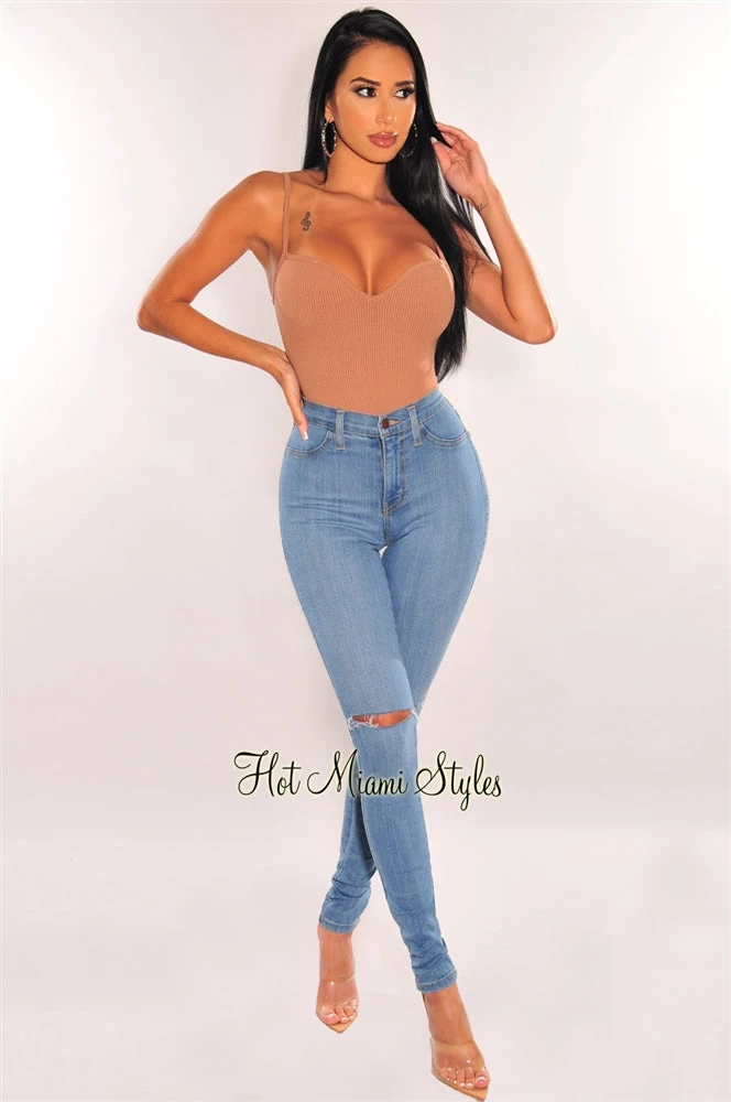 Vendor-unknown Just In Mocha Ribbed Sweetheart Spaghetti Straps Bodysuit