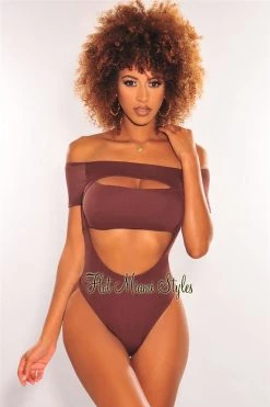 Vendor-unknown Chocolate Off Shoulder Short Sleeve Cut Out Double Lined Bodysuit