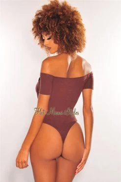 Vendor-unknown Chocolate Off Shoulder Short Sleeve Cut Out Double Lined Bodysuit