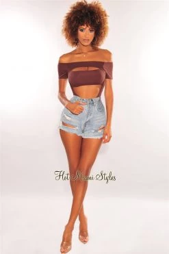 Vendor-unknown Chocolate Off Shoulder Short Sleeve Cut Out Double Lined Bodysuit