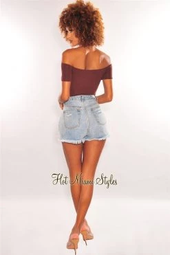 Vendor-unknown Chocolate Off Shoulder Short Sleeve Cut Out Double Lined Bodysuit