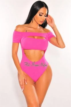 Vendor-unknown Just In Hot Pink Off Shoulder Short Sleeve Cut Out Double Lined Bodysuit