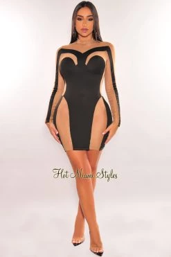 Queen Mania Just In Black Nude Sheer Mesh Long Sleeve Mini Dress