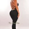 Pretty Knit Jumpsuits Black Ribbed Knit Lace Up Back Jumpsuit