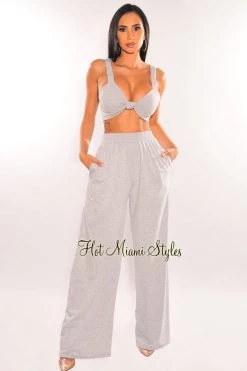 Dexire Light Gray Knotted Palazzo Pants Two Piece Set