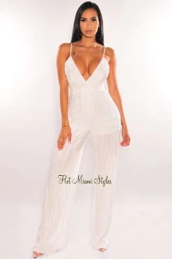 MEEK White Spaghetti Straps V Neck Pleated Belted Wide Leg Jumpsuit