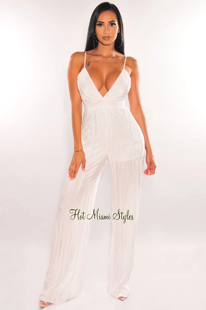 MEEK White Spaghetti Straps V Neck Pleated Belted Wide Leg Jumpsuit