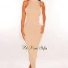 GOODTIME USA Just In Taupe Mock Neck Ribbed Sleeveless Midi Dress