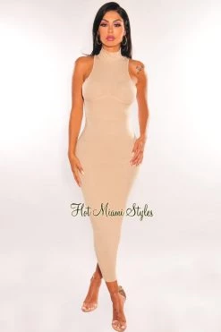 GOODTIME USA Just In Taupe Mock Neck Ribbed Sleeveless Midi Dress