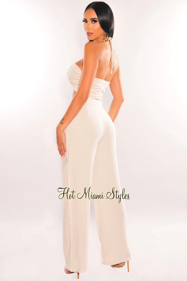 EDIT BY NINE... Taupe Halter Linen Drawstring Keyhole Crop Top