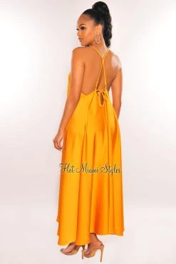 DRESS FORUM Honey Gold V Cut Spaghetti Straps Maxi Dress
