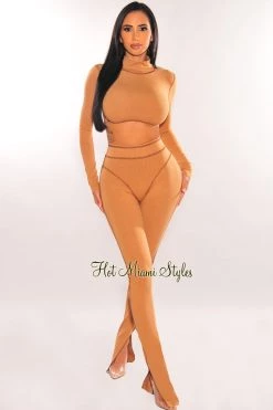 Dexire Mocha Exposed Seams Long Sleeve Flare Pant Two Piece Set