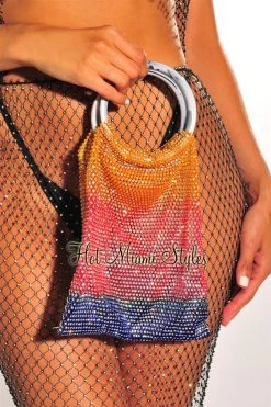 Vendor-unknown Multi Color Rhinestone Fishnet Round Handle Handbag