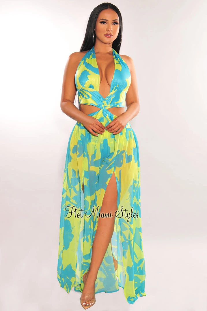 LUXXEL Lime Blue Halter Tie Up Cut Out Double Slit Maxi Dress