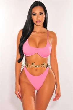 Vendor-unknown Just In Pink Ribbed Padded Spaghetti Straps Underwire Bikini