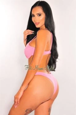 Vendor-unknown Just In Pink Ribbed Padded Spaghetti Straps Underwire Bikini