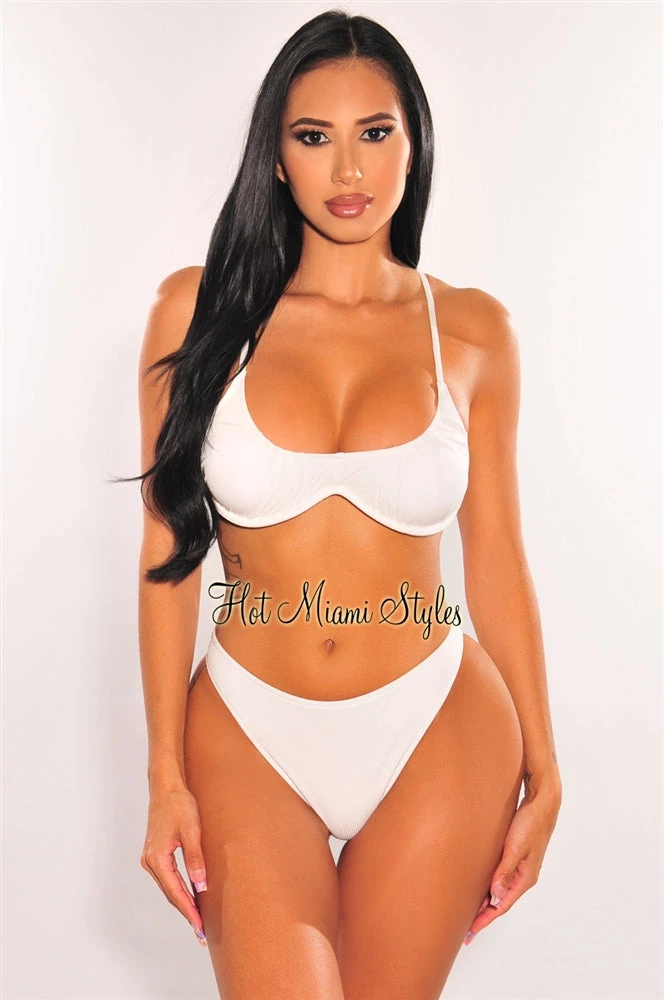 Vendor-unknown White Ribbed Padded Spaghetti Straps Underwire Bikini