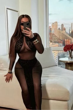 Vendor-unknown Black Leopard Sheer Mesh Long Sleeve Maxi Dress Just In