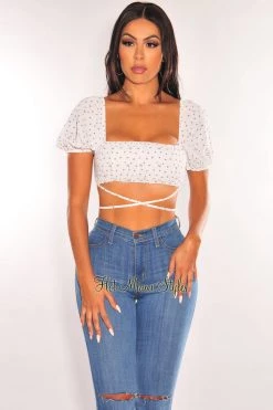 EDIT BY NINE White Floral Print Short Sleeve Wrap Around Crop Top