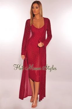 Vendor-unknown Just In Wine Iridescent Rhinestone Studded Duster Coat