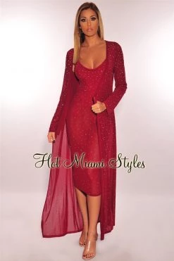 Vendor-unknown Just In Wine Iridescent Rhinestone Studded Duster Coat