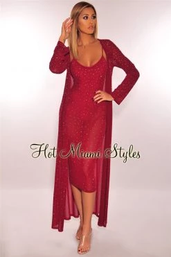 Vendor-unknown Just In Wine Iridescent Rhinestone Studded Duster Coat