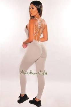 Vendor-unknown HMS Fit: Light Gray Padded CrissCross Back Butt Lifting Jumpsuit