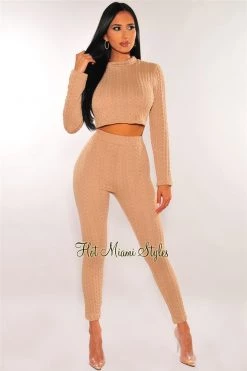Sole Mio (set) HMS Lounge: Mocha Cable Knit Long Sleeve Pants Two Piece Set Just In