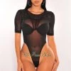Glamazon Black Sheer Mesh Padded Strappy Back High Cut Bodysuit