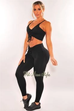 Vendor-unknown HMS Fit: Black Spaghetti Straps Drawstring Leggings Two Piece Set