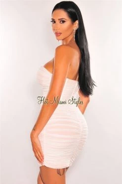 Vendor-unknown Just In White Blush Mesh Strapless Padded Boned Corset Ruched Dress