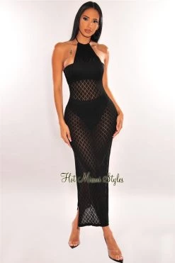 Vendor-unknown Black Halter Open Back Double Slit Cover Up Dress Just In