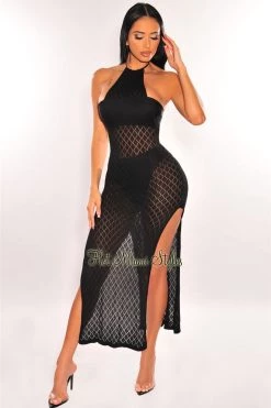 Vendor-unknown Black Halter Open Back Double Slit Cover Up Dress Just In