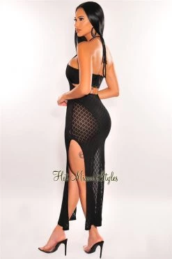 Vendor-unknown Black Halter Open Back Double Slit Cover Up Dress Just In