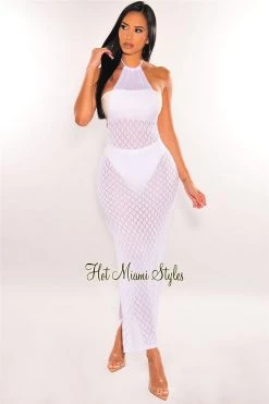 Vendor-unknown Just In White Halter Open Back Double Slit Cover Up Dress