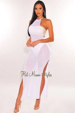 Vendor-unknown Just In White Halter Open Back Double Slit Cover Up Dress