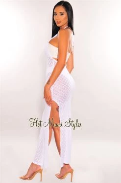 Vendor-unknown Just In White Halter Open Back Double Slit Cover Up Dress