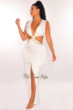 Vendor-unknown White Gold Chain Knotted Cut Out Slit Maxi Dress Just In