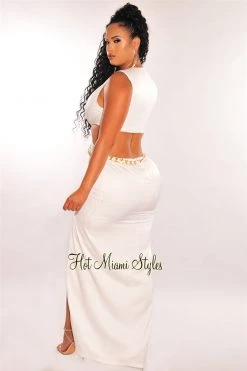 Vendor-unknown White Gold Chain Knotted Cut Out Slit Maxi Dress Just In