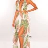 Vendor-unknown White Tropical Palm Print Halter Padded Belted Slit Maxi Dress Just In