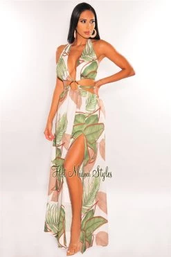 Vendor-unknown White Tropical Palm Print Halter Padded Belted Slit Maxi Dress Just In