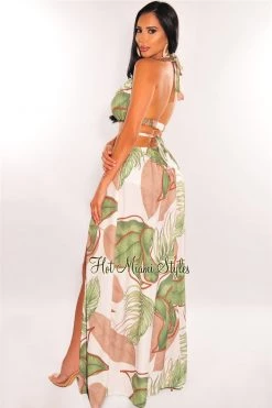 Vendor-unknown White Tropical Palm Print Halter Padded Belted Slit Maxi Dress Just In
