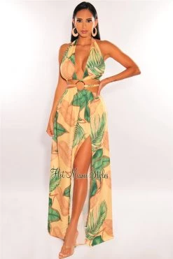 Vendor-unknown Just In Yellow Tropical Palm Print Halter Padded Belted Slit Maxi Dress