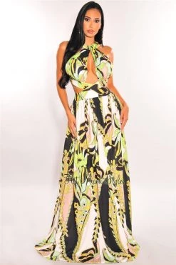 Vendor-unknown Just In Multi Color Print Halter Padded Cut Out Open Back Maxi Dress