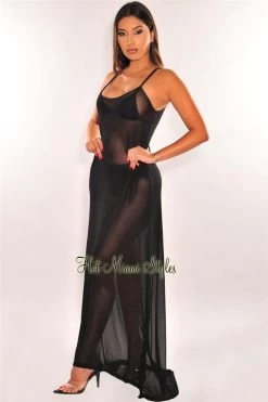Vendor-unknown Black Mesh Sheer Spaghetti Straps Maxi Dress Cover Up Just In