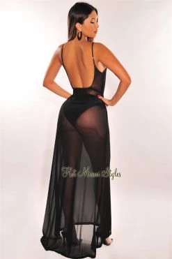 Vendor-unknown Black Mesh Sheer Spaghetti Straps Maxi Dress Cover Up Just In