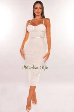 Privy White Mesh Ruched Padded Bustier Slit Dress