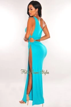 SPRING HAZE Jade One Shoulder Cut Out Drawstring Keyhole Slit Maxi Dress Just In