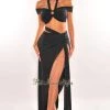 SK CLOTHING Black Halter Off Shoulder O-Ring Strap Slit Skirt Two Piece Set Just In